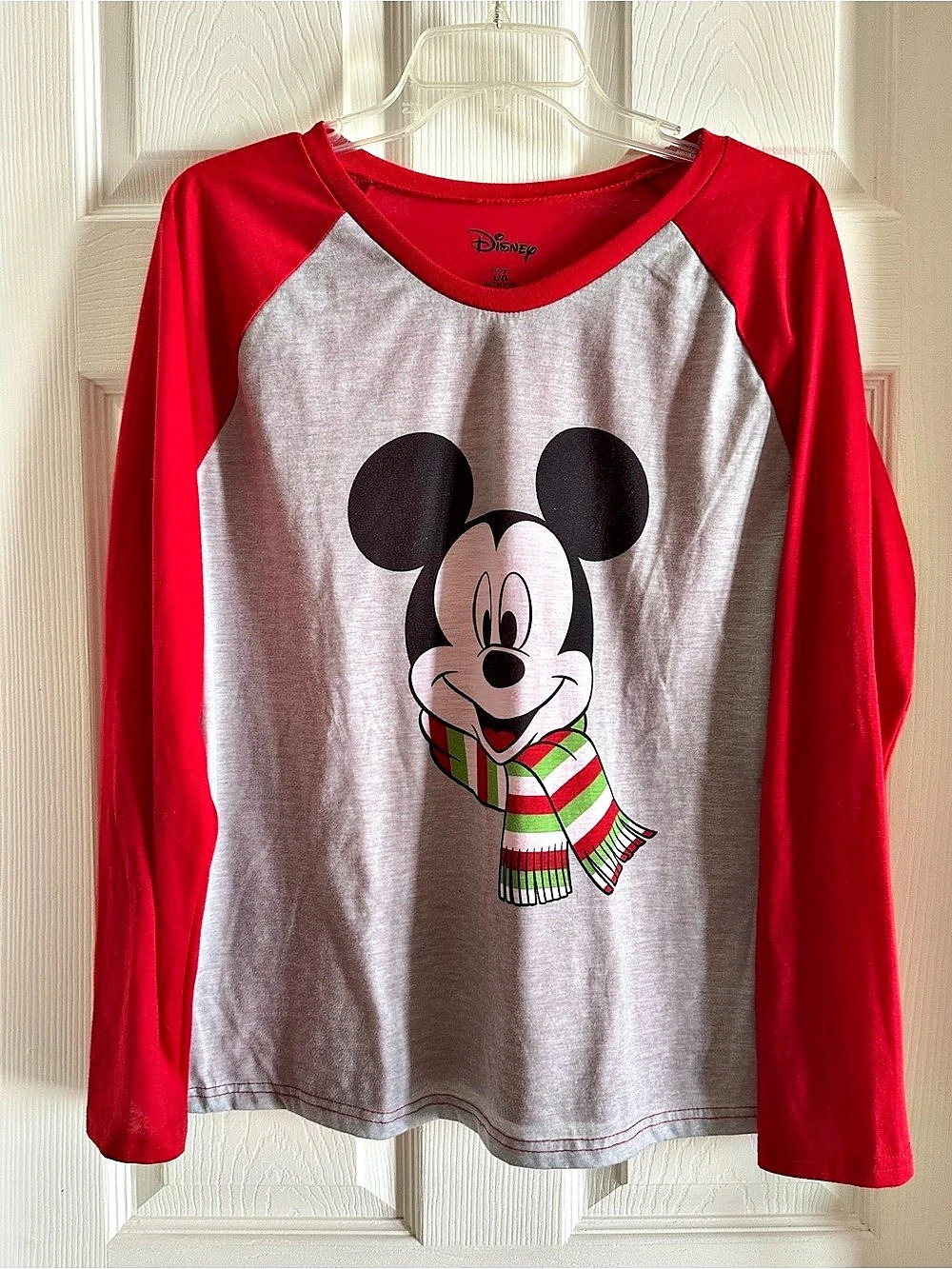 Disney Mickey Mouse Christmas Holiday Scarf Tee, Long Sleeve, Red & Gray LIKE NE